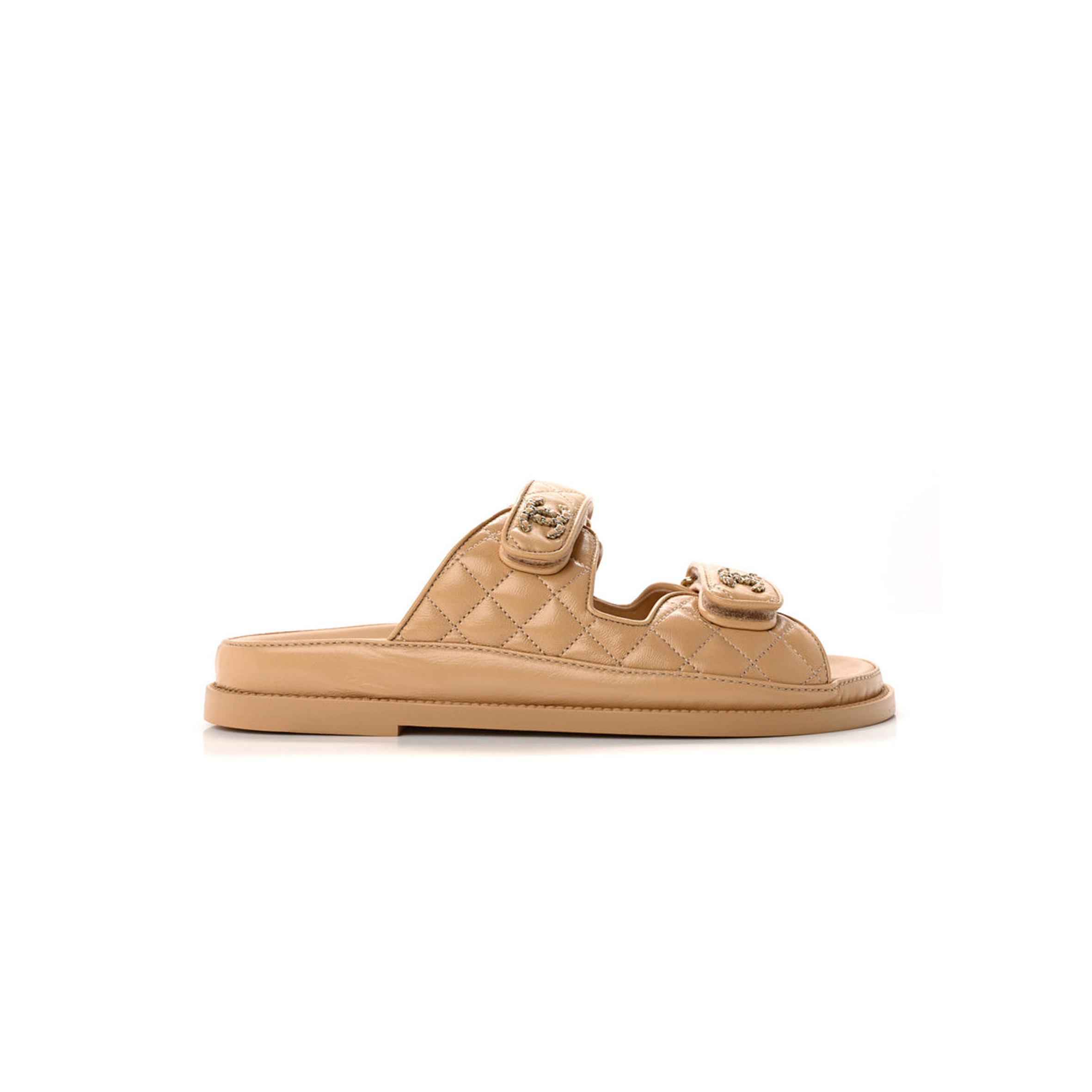 Ch**el lambskin quilted velcro dad chain cc slide sandals beige